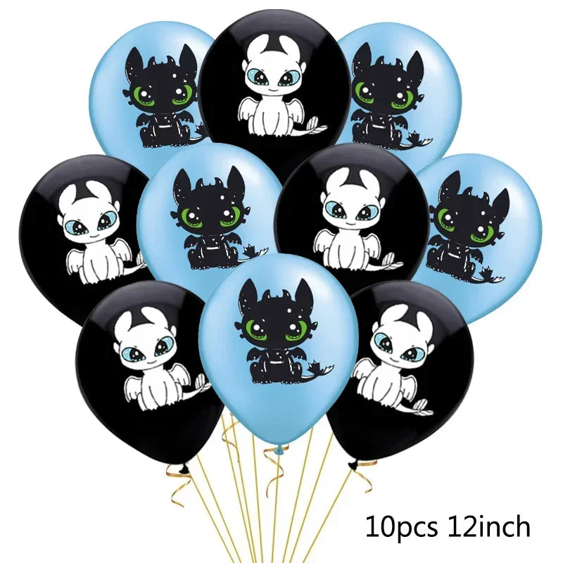 1set How Train Dragon Balloons No Teeth Toothlessing Green Eye Black Loong Party Decoration Happy Birthday Banner Cake Topper