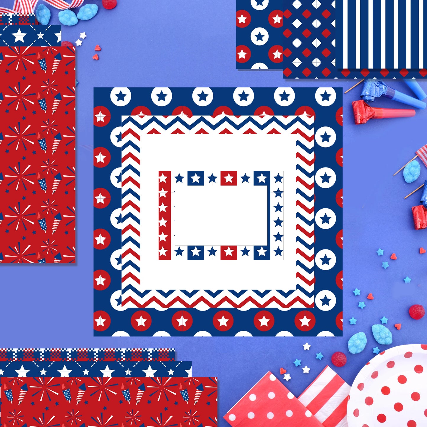 July 4th Day Independence Day Party Photobooth Props, Temporary Tattoo, Tablecover, Cake Stand, Washi Tape, Scrapbook Paper