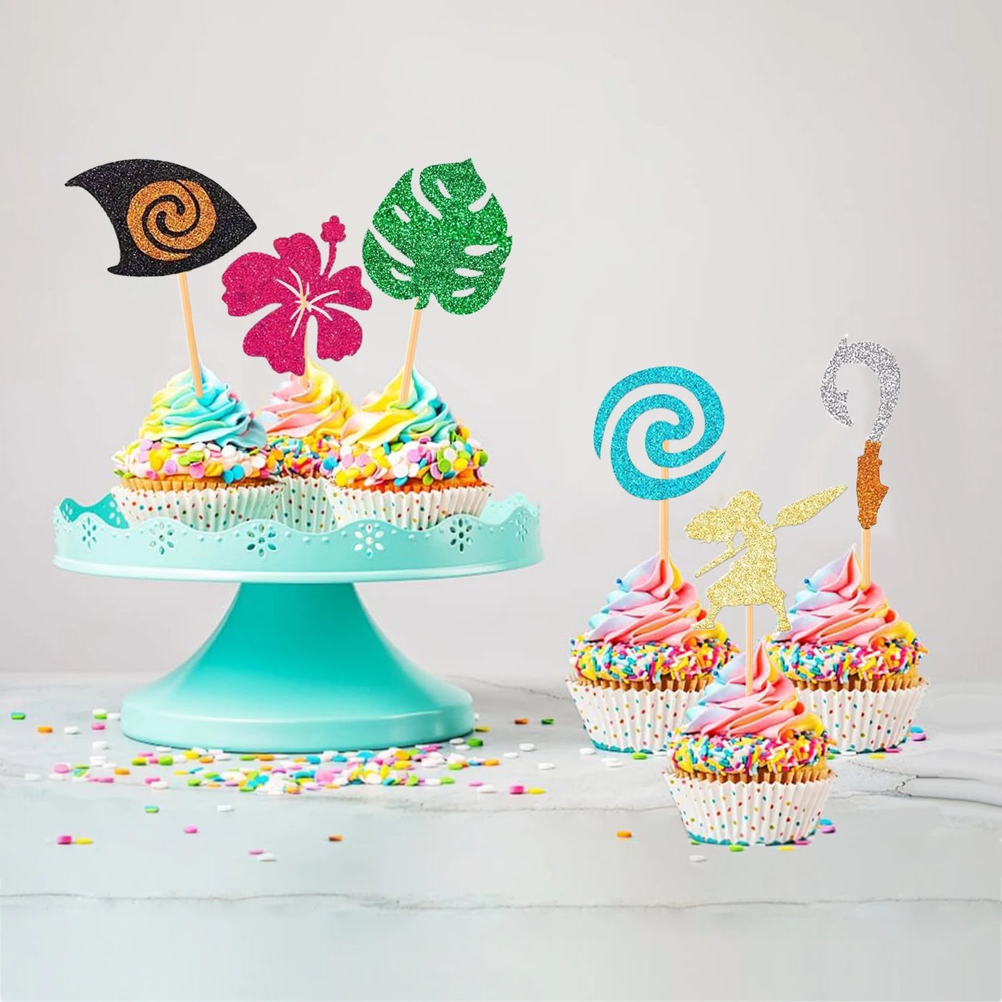 Moana Cake Topper Glittery Cupcake Toppers Hawaiian Birthday Party Decoration for Tropical Luau Summer Party Baby Shower Wedding