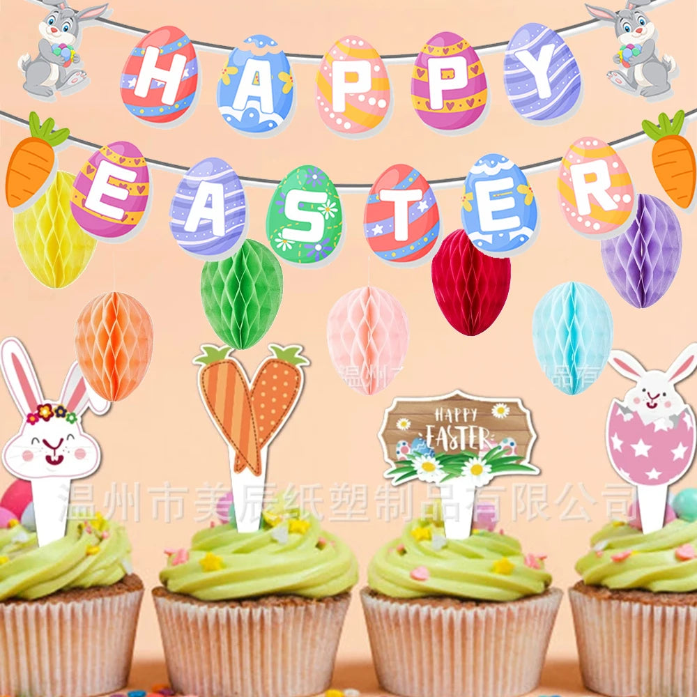 Easter Party DIY Decorations Easter Banner Eggs Hanging Cake Toppers for Baby Shower Easter Garden Party Birthday Supplies