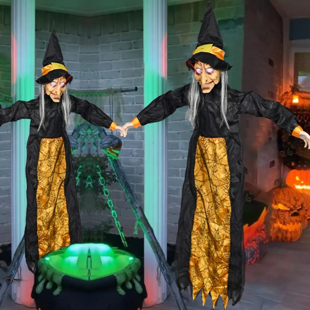 Halloween Life Size Talking Witch Outdoor Purple Spooky Animatronic Witch Decor Prop Halloween Decoration Red Eye Animated Witch