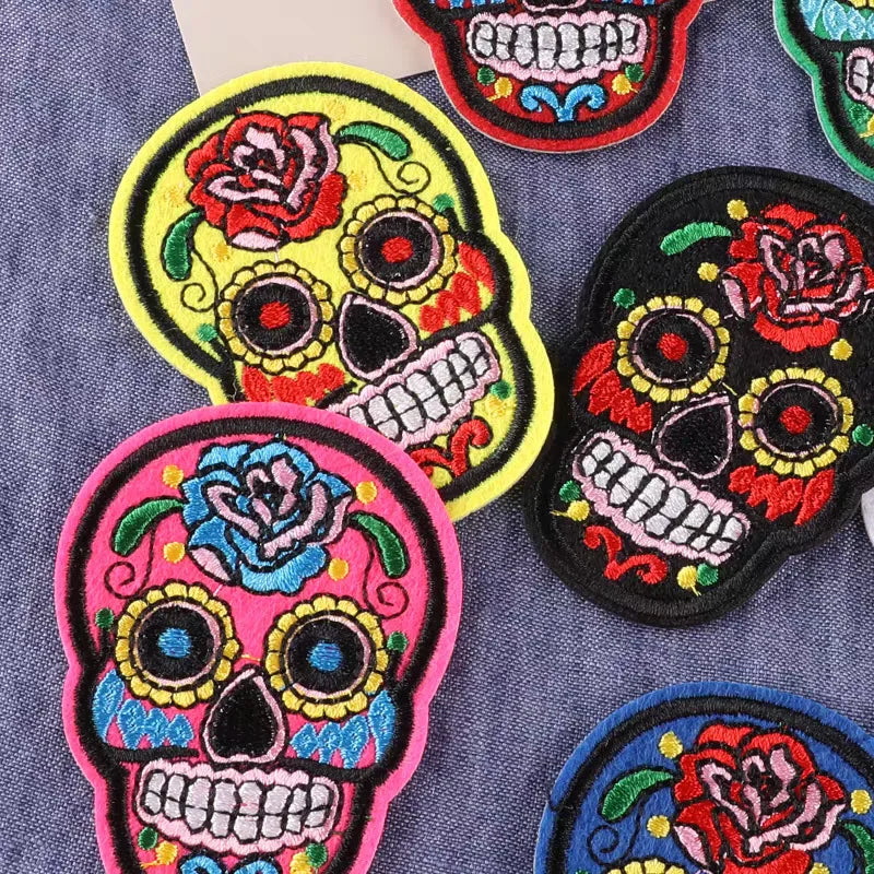 9Pcs Mixed Skull Patch DIY Mexico Day Skeleton Dead Embroidered Halloween Patches Iron On Fabric Badges Sew On Cloth Applique