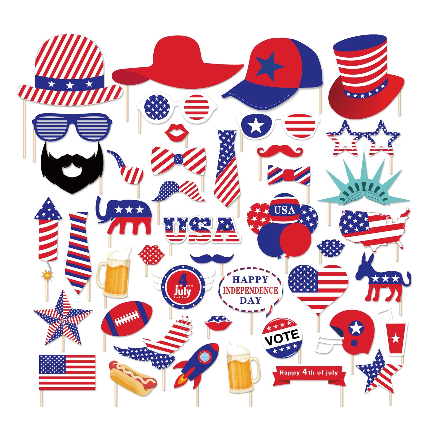 July 4th Day Independence Day Party Photobooth Props, Temporary Tattoo, Tablecover, Cake Stand, Washi Tape, Scrapbook Paper