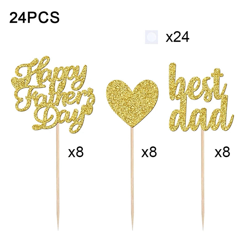 YOMDID 24Pcs Glitter Fathers Day Cake Toppers Happy Fathers Day Cake Toppers Best Dad Heart Cupcake Picks Party Cake Decor