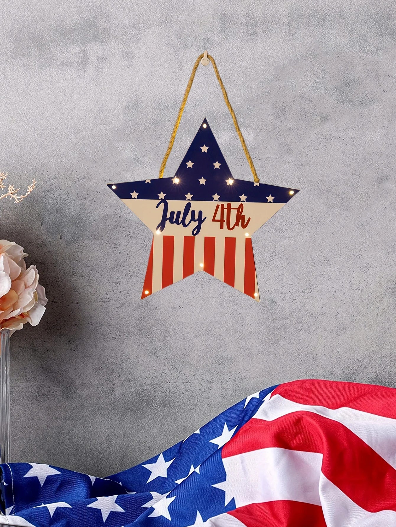 1pc 30cm Wood Independence Day Flash Star Doorplate with Lights July 4th Door Hanger Wall Pendants Independence Day Decorations