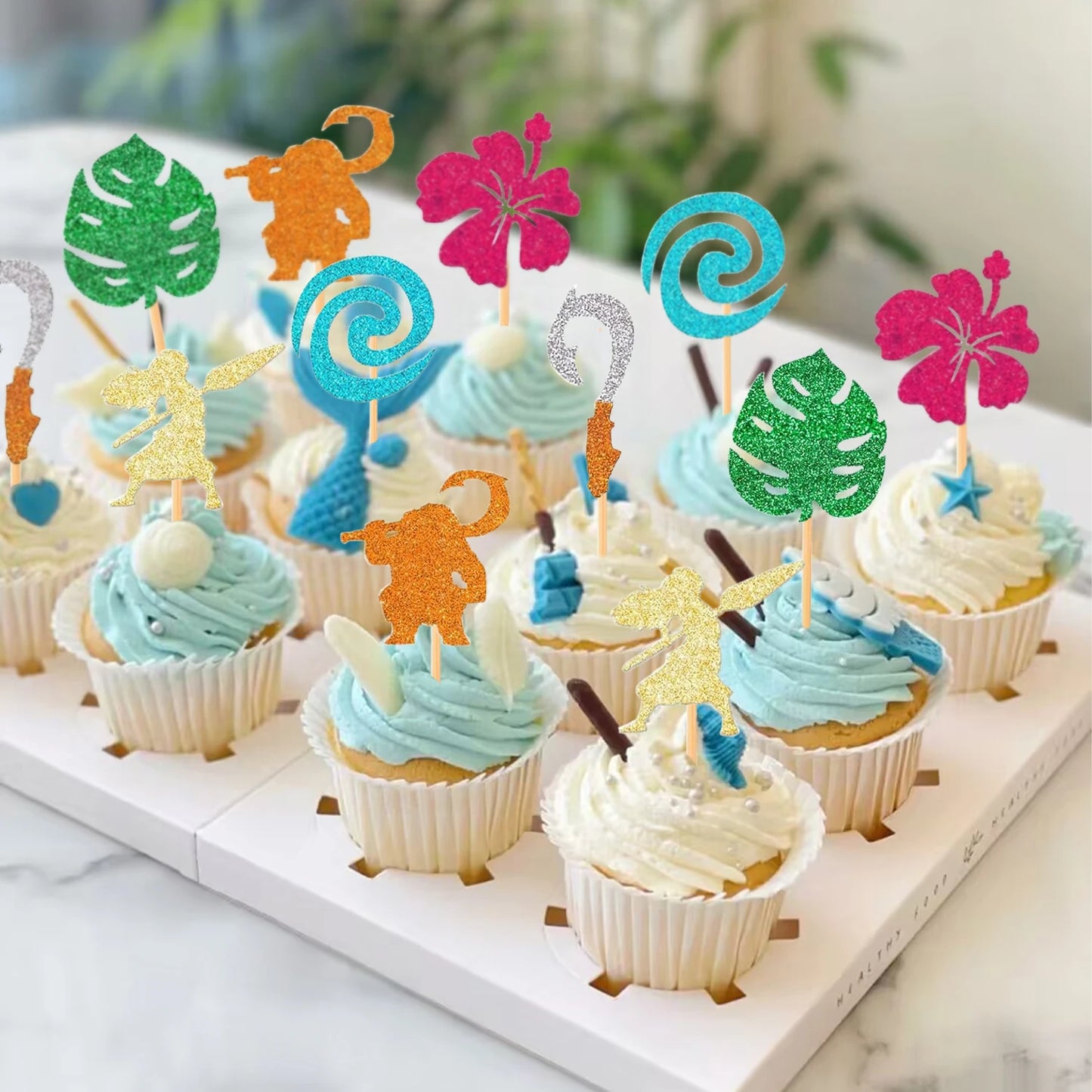 Moana Cake Topper Glittery Cupcake Toppers Hawaiian Birthday Party Decoration for Tropical Luau Summer Party Baby Shower Wedding