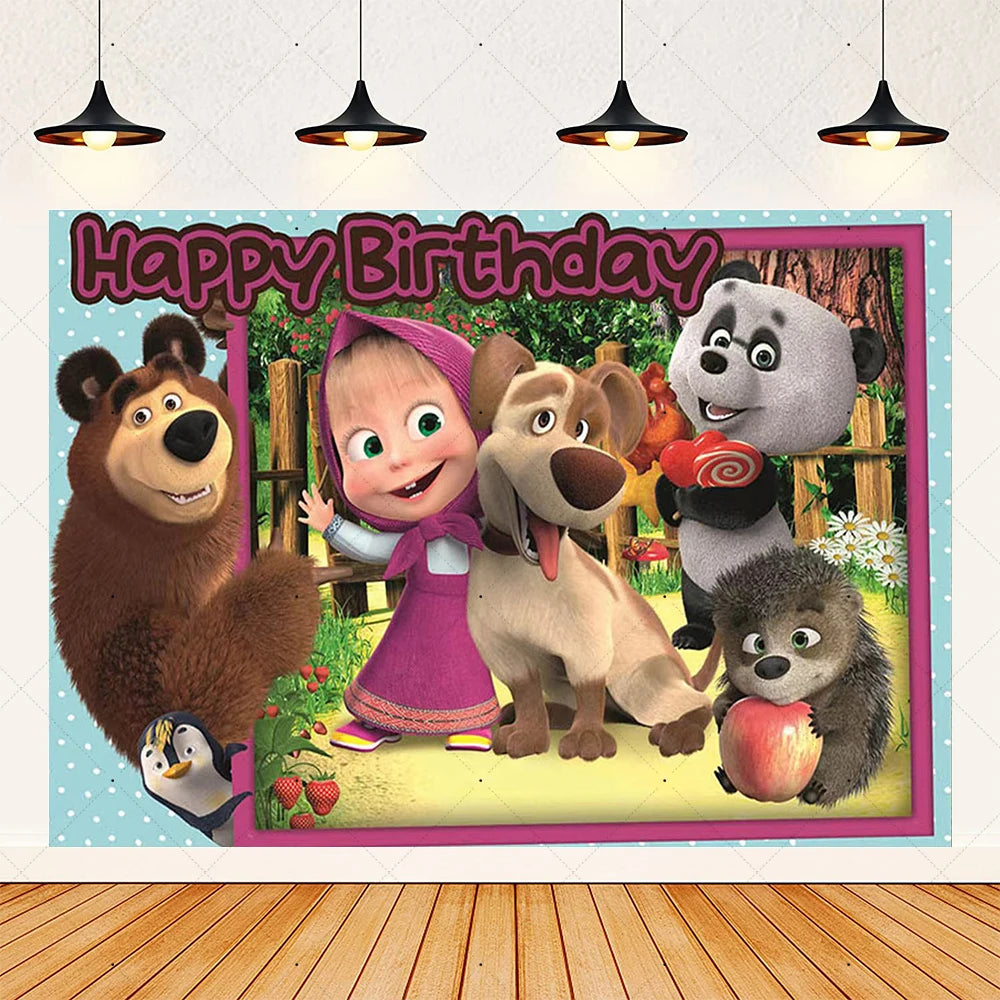 Cartoon Girl-Mashas-And Bear Kids Birthday Party Digital Balloon Banner Background Cake Topper Decoration Supplies Baby Gifts