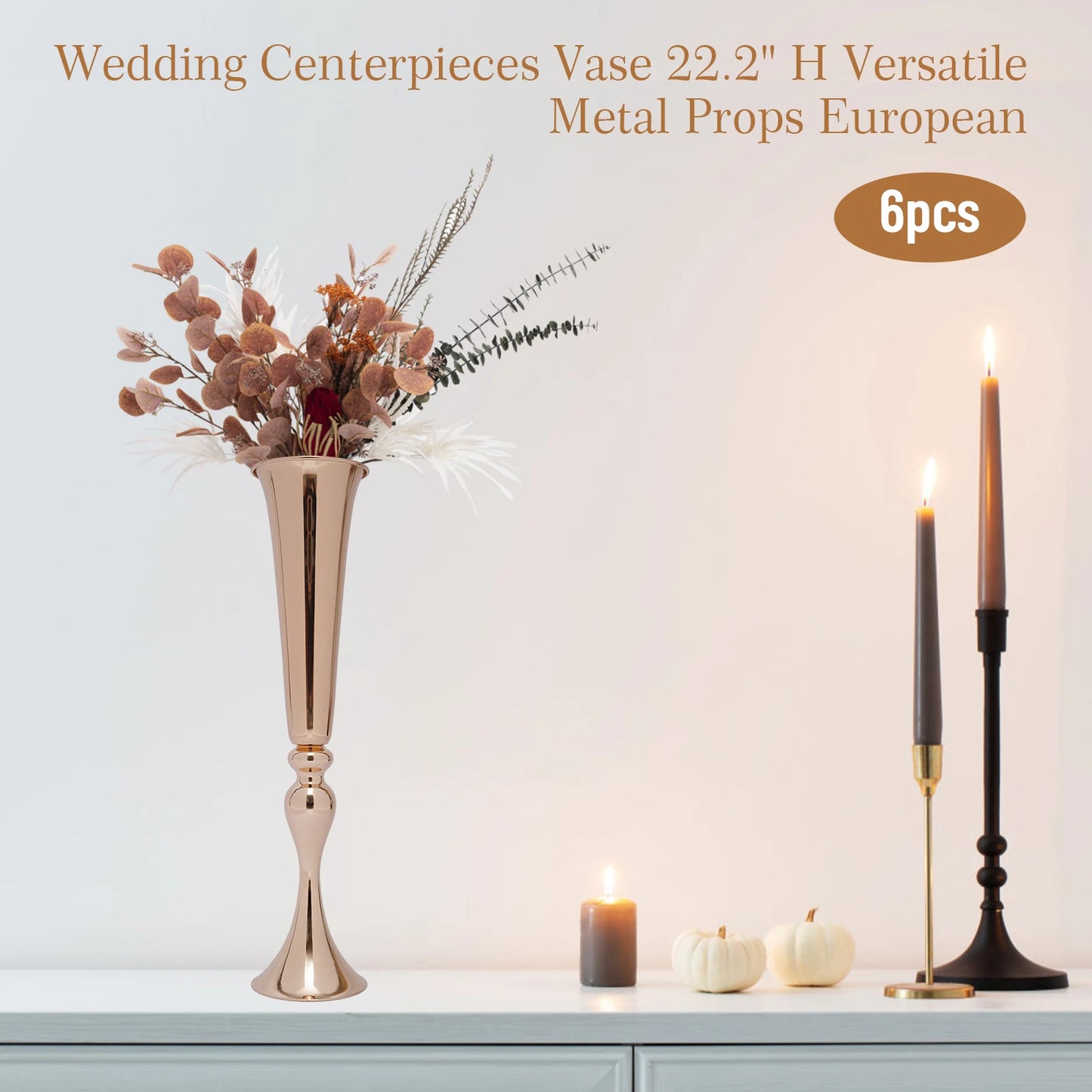 Golden Metal Table Flower Stand Vase 6Pcs Candle Holder 22.2" Tall Wedding Centerpiece Party Event Hotel Decoration