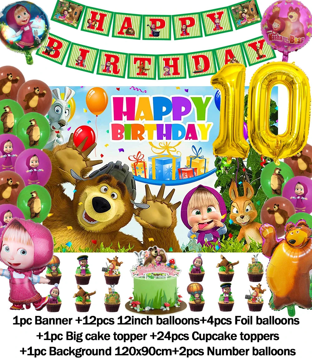 Cartoon Girl-Mashas-And Bear Kids Birthday Party Digital Balloon Banner Background Cake Topper Decoration Supplies Baby Gifts