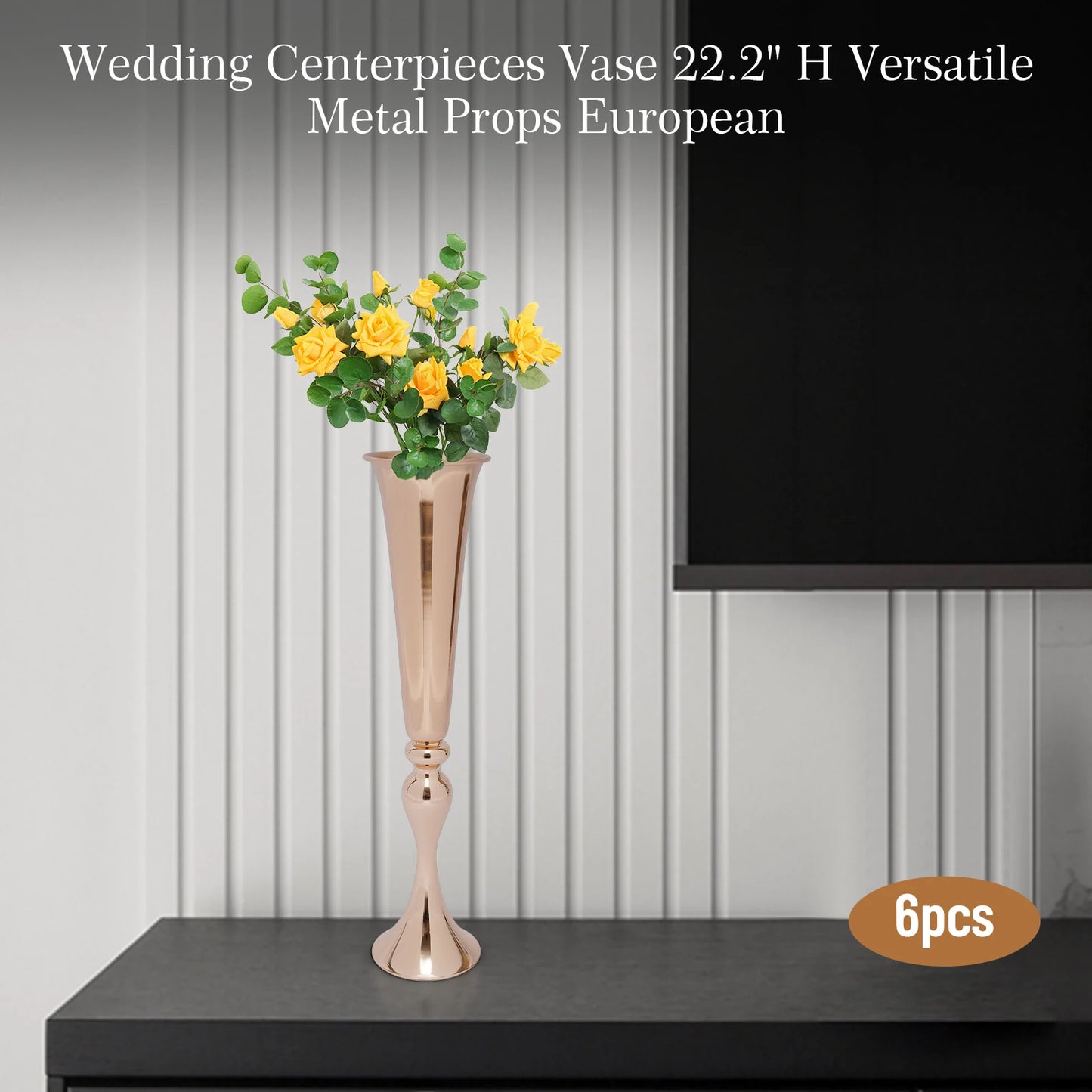 Golden Metal Table Flower Stand Vase 6Pcs Candle Holder 22.2" Tall Wedding Centerpiece Party Event Hotel Decoration