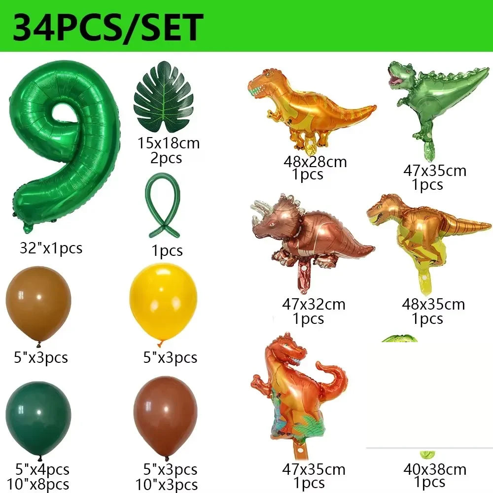 32 英寸 Number Dinosaur Birthday Party Dino Balloons Palm Leaf Set First Bthday Boy Party Kids Baby Shower Jungle Safari Deco
