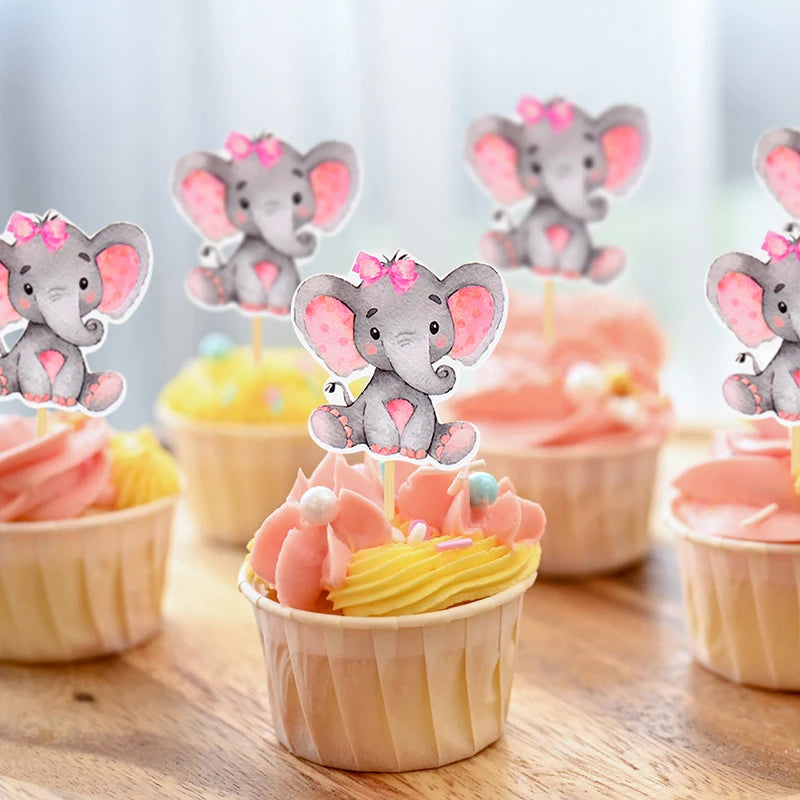 12Pcs Blue Pink Elephant Cupcake Topper Kids Birthday Baby Shower Elephant Cake Decoration Boy Girl Gender Reveal Party Supplies