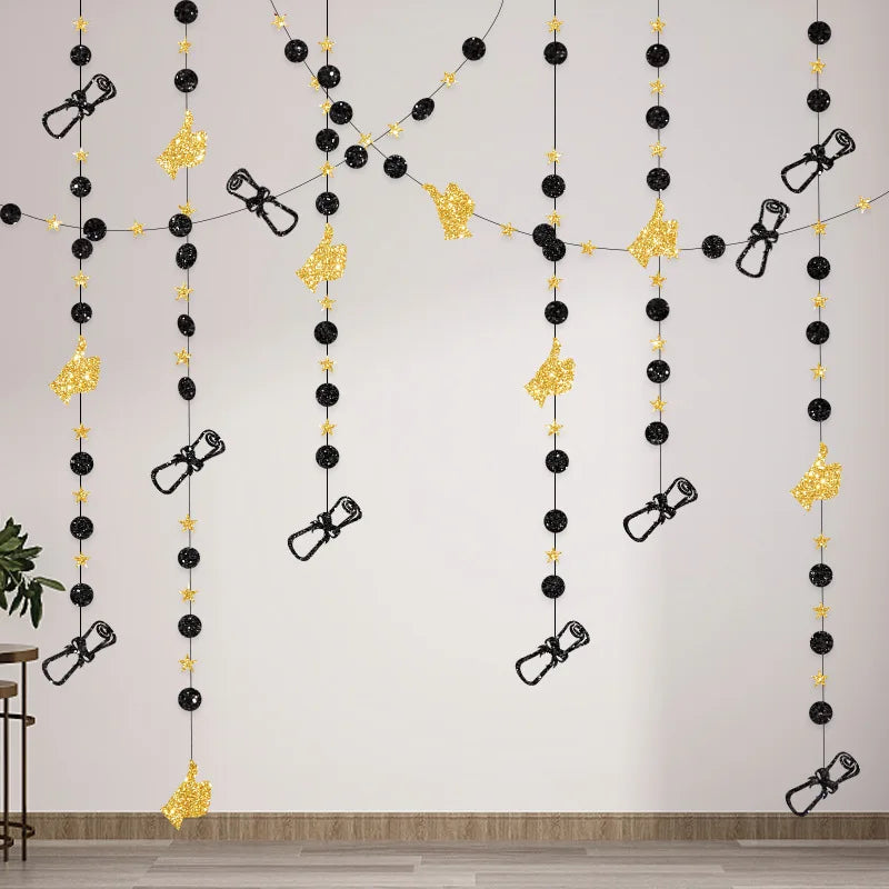 4M Glitter Paper Black Gold Graduation Garlands Streamer 2025 Graduation Party Hanging Ornaments Home Decoration