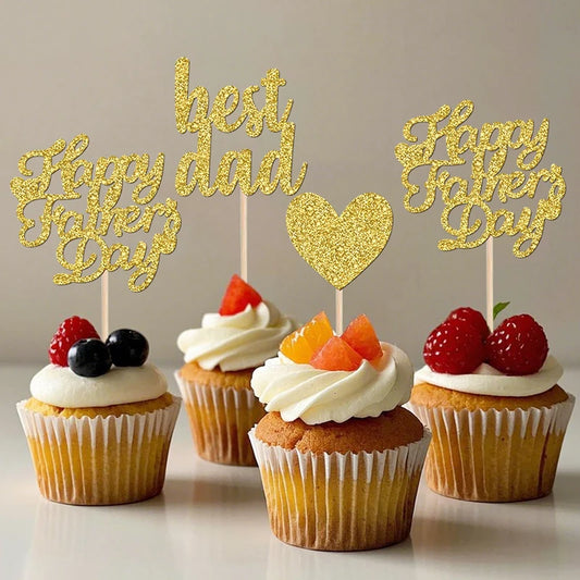 YOMDID 24Pcs Glitter Fathers Day Cake Toppers Happy Fathers Day Cake Toppers Best Dad Heart Cupcake Picks Party Cake Decor