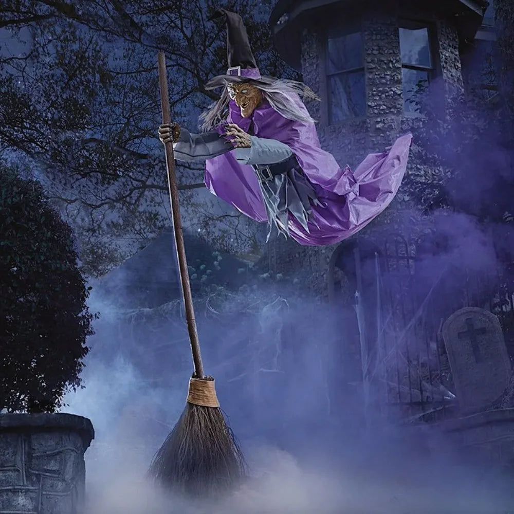 Halloween Life Size Talking Witch Outdoor Purple Spooky Animatronic Witch Decor Prop Halloween Decoration Red Eye Animated Witch