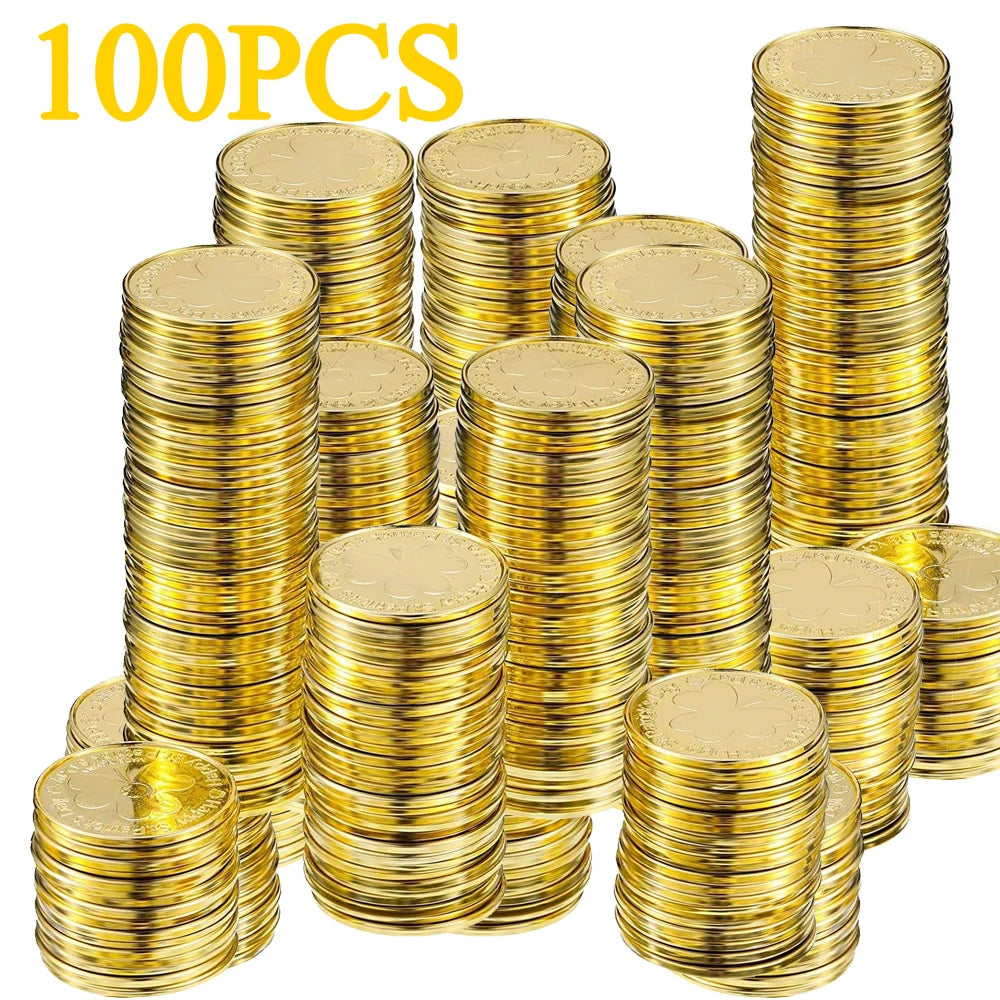 10-100Pcs St Patricks Day Prop Coins Green Gold Clover Lucky Shamrock Party Decoration Props Party Gifts Favors Green Coins Toys