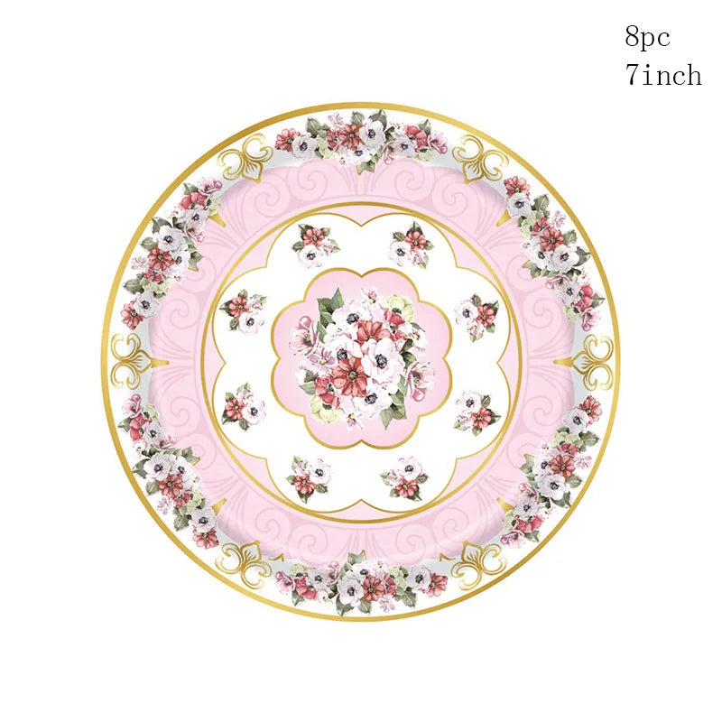 8Guests Elegant Tea Party Disposable Tableware Pink Green Floral Pattern Plates Napkins Women Happy Afternoon Tea Party