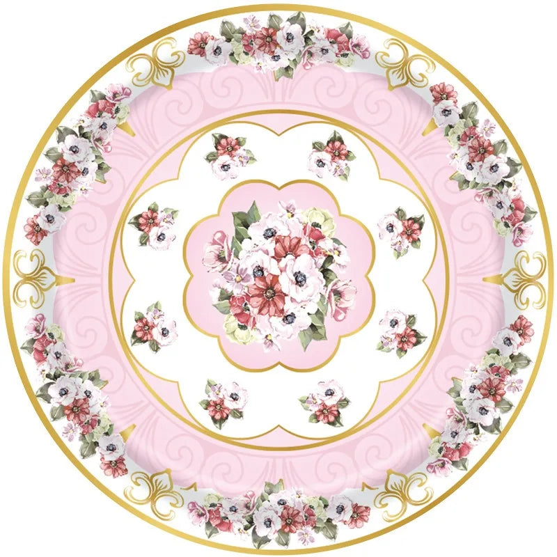 8Guests Elegant Tea Party Disposable Tableware Pink Green Floral Pattern Plates Napkins Women Happy Afternoon Tea Party