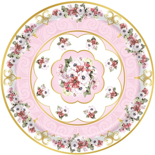 8Guests Elegant Tea Party Disposable Tableware Pink Green Floral Pattern Plates Napkins Women Happy Afternoon Tea Party