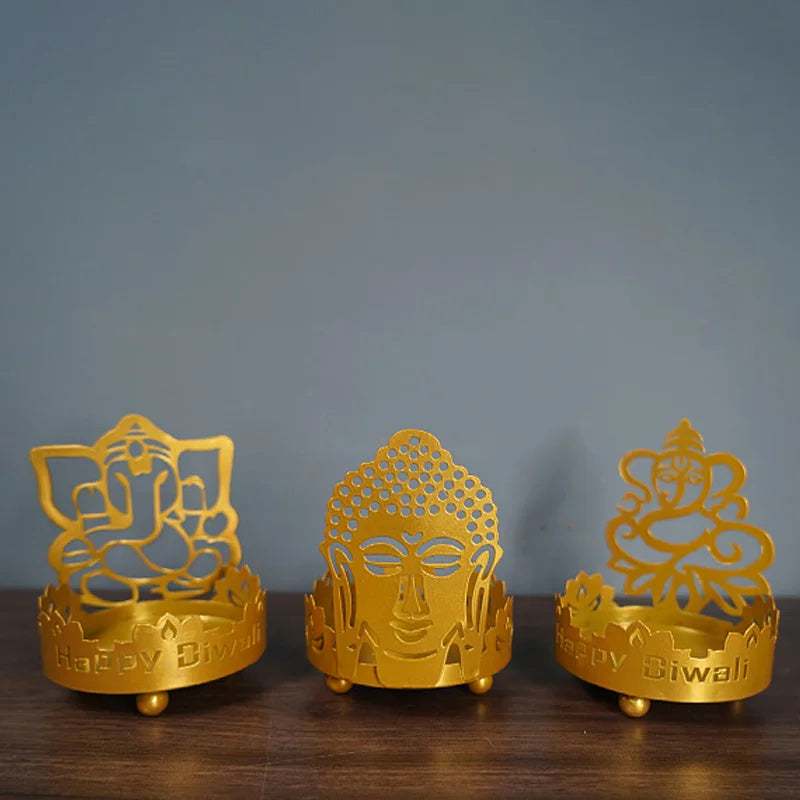 1Pc Art Metal Buddha Statue Candle Holder Crafts Home Decoration Hollow Shadow Diwali Festival Fortune Candle Lamp