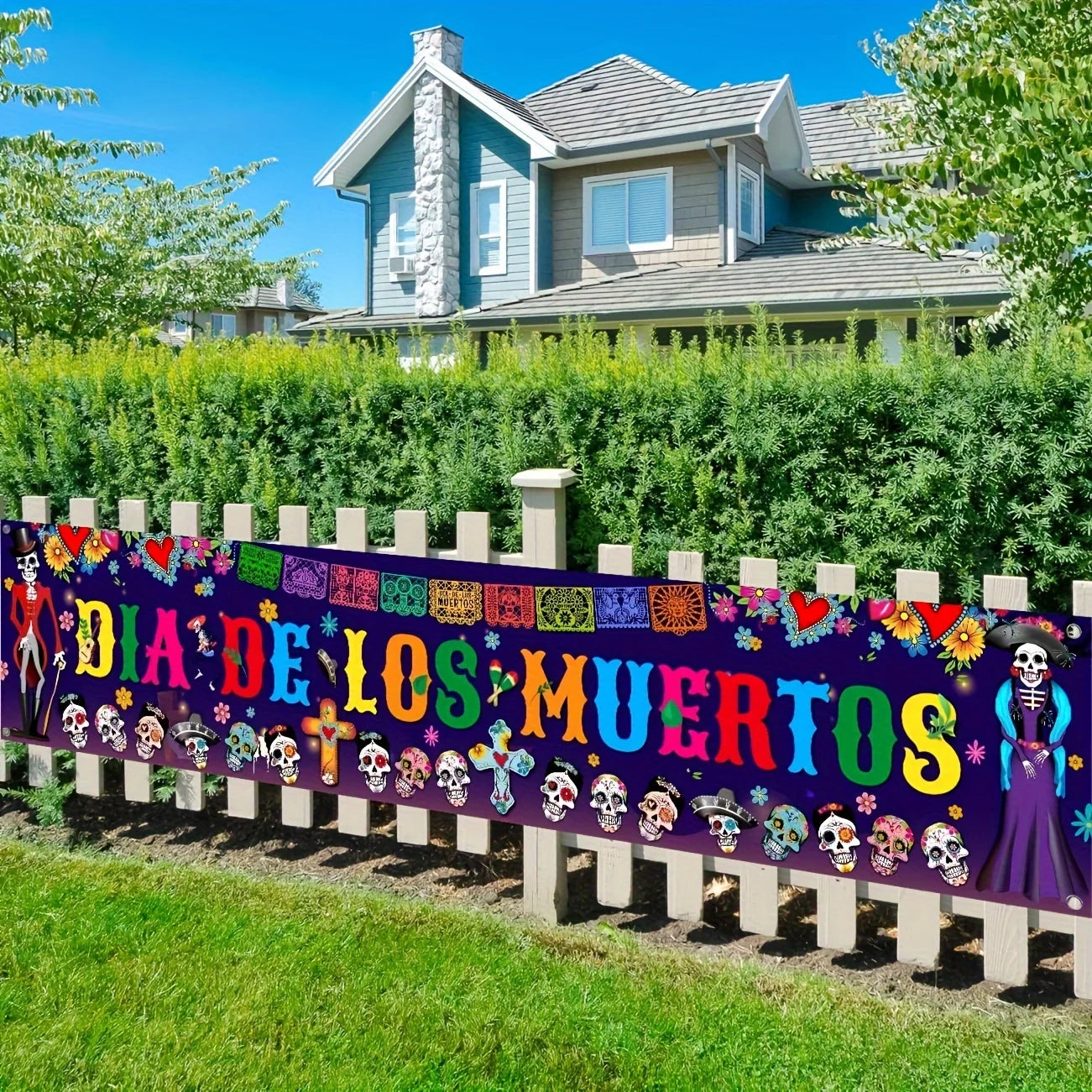 Day of The Dead Fence Banner Dia De Los Muertos Sugar Skull Mexican Holiday Photo Booth Backdrop Outdoor Decoration