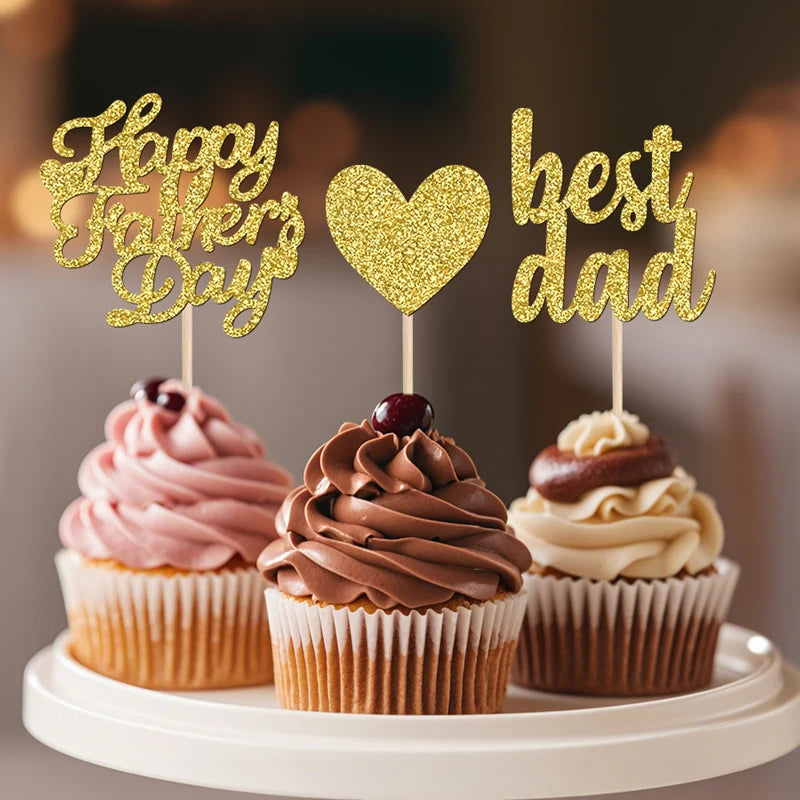 YOMDID 24Pcs Glitter Fathers Day Cake Toppers Happy Fathers Day Cake Toppers Best Dad Heart Cupcake Picks Party Cake Decor