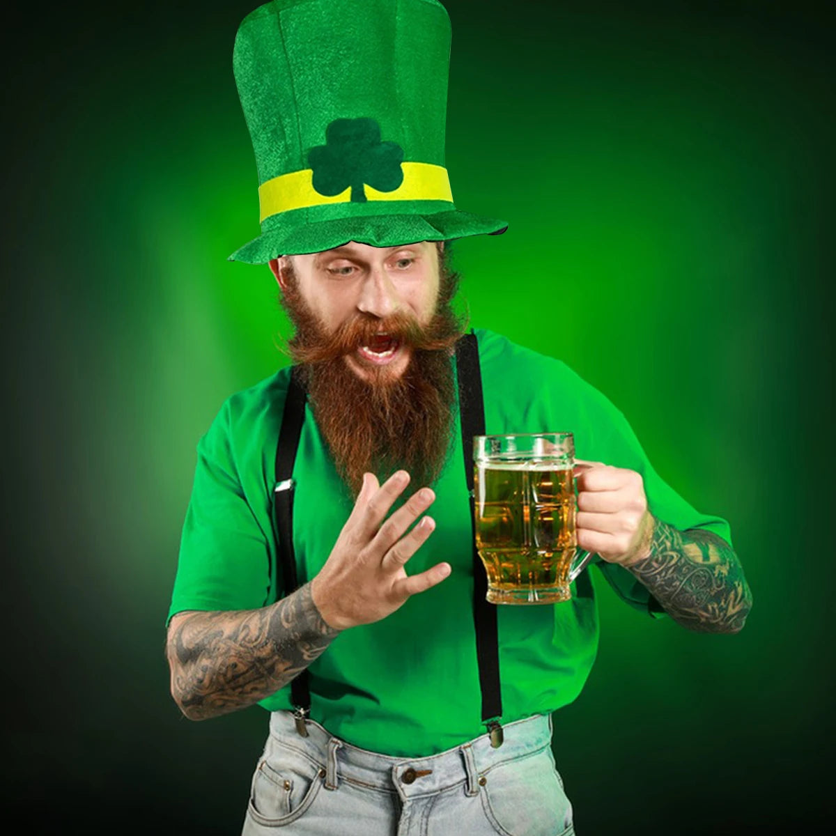 Saint Patricks Day Top Hat Holiday Fake Beard Green Celebration Costume for Irish Festival Birthday Party Decor Supplies