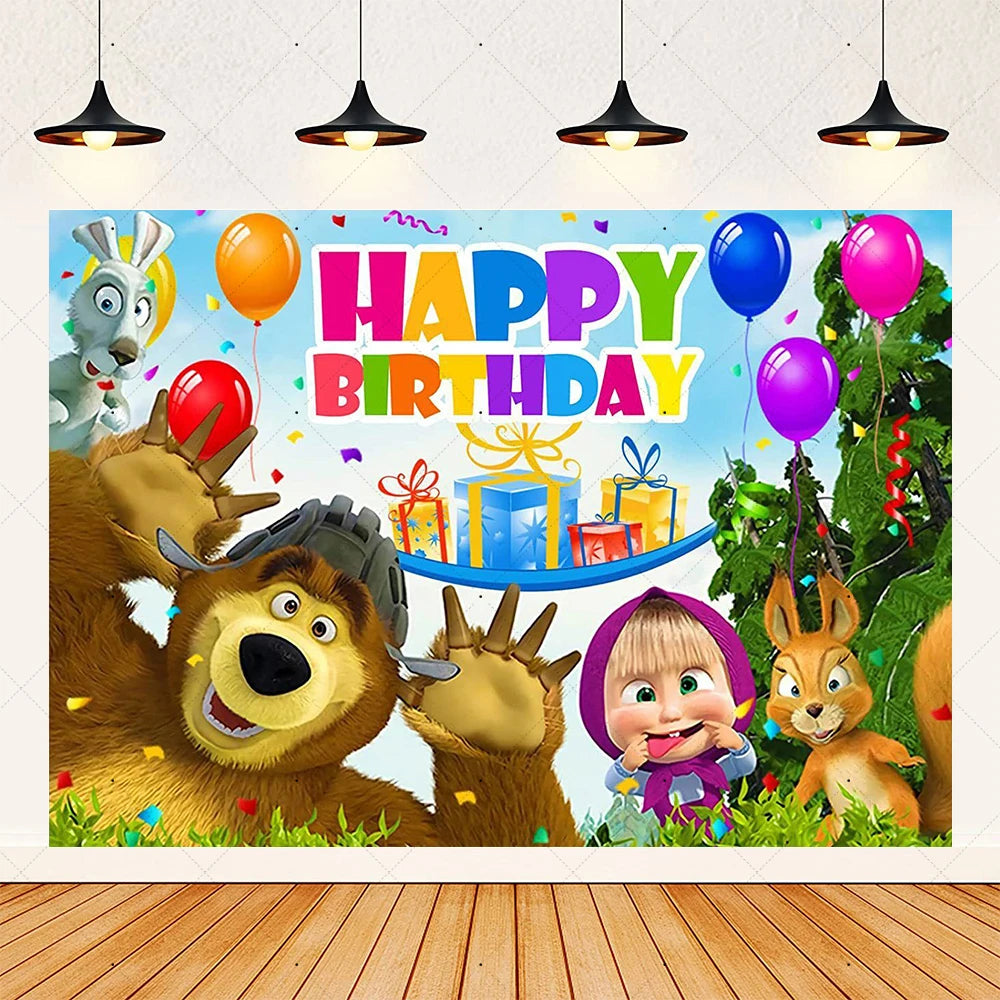 Cartoon Girl-Mashas-And Bear Kids Birthday Party Digital Balloon Banner Background Cake Topper Decoration Supplies Baby Gifts
