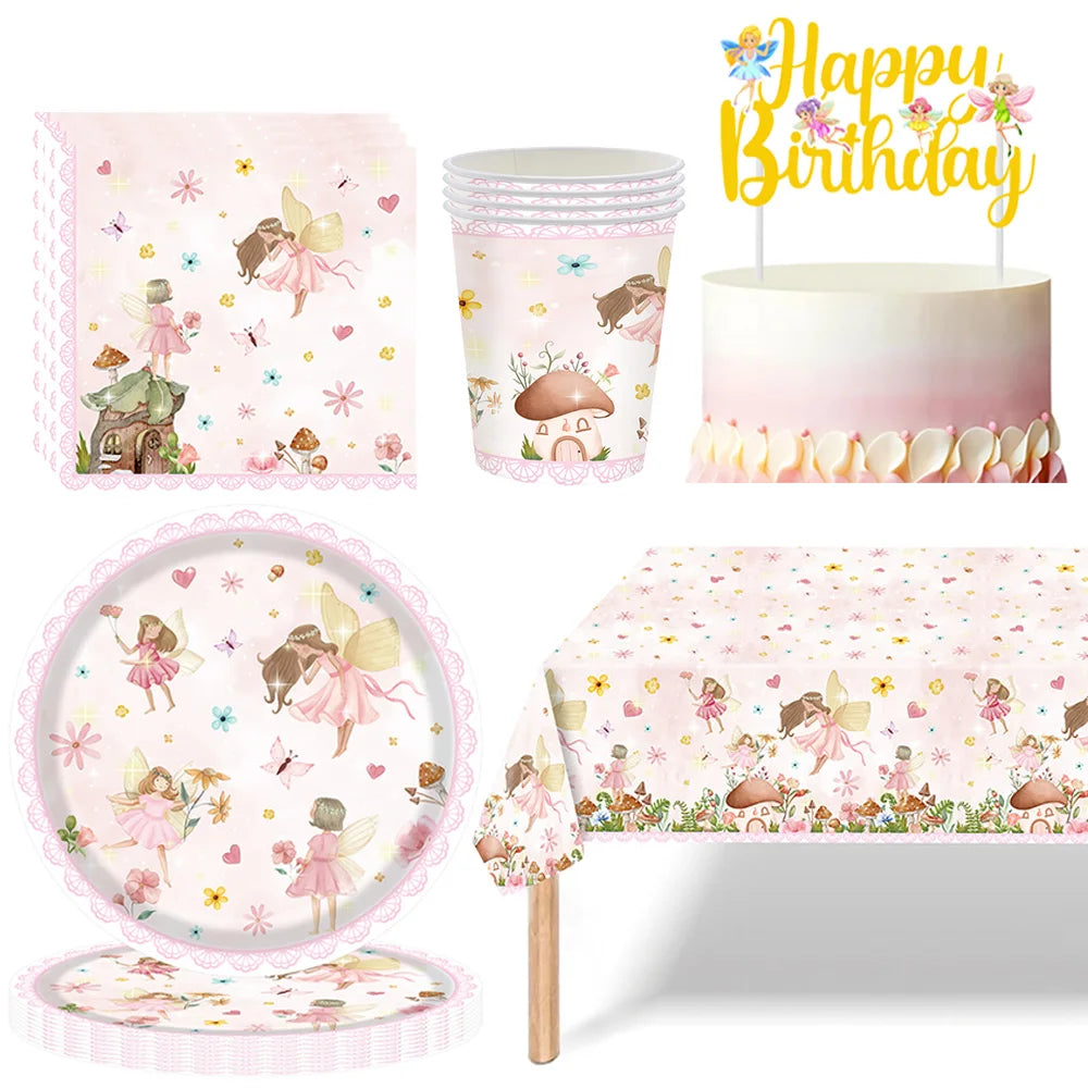 Pink Fairy Party Disposable Tableware Fairy Birthday Party Supplies Plate Cup Napkin Tablecloth Flower Fairies Birthday Decors