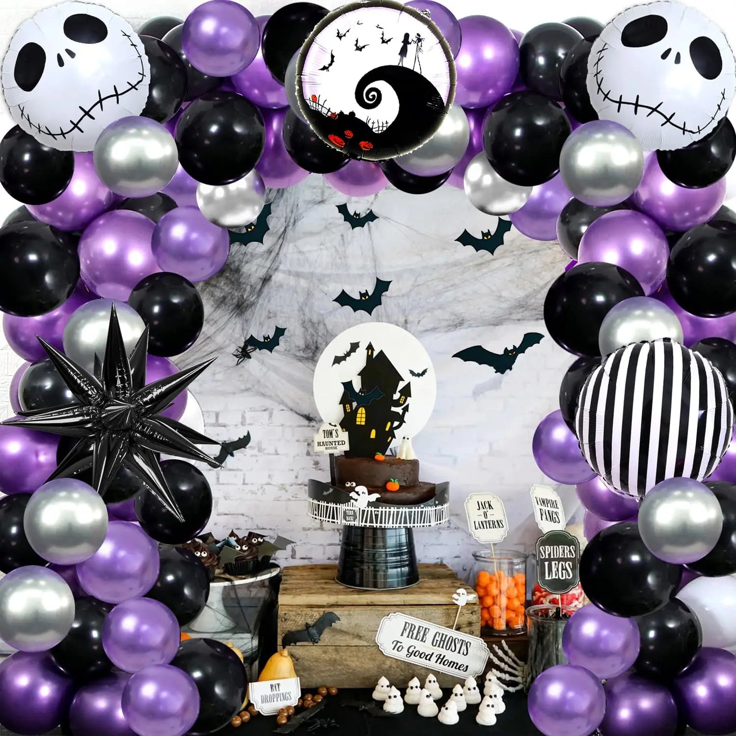 Halloween Party Balloon Garland Kit Nightmare Before Christmas Purple Black Balloon with Skull for Halloween Birthday Decoration