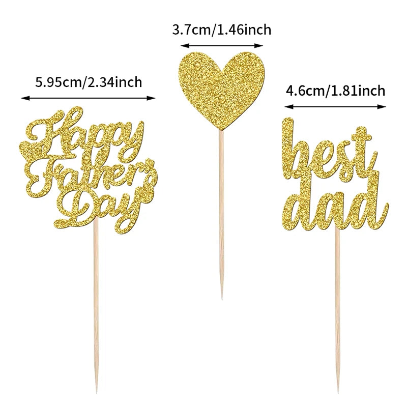 YOMDID 24Pcs Glitter Fathers Day Cake Toppers Happy Fathers Day Cake Toppers Best Dad Heart Cupcake Picks Party Cake Decor