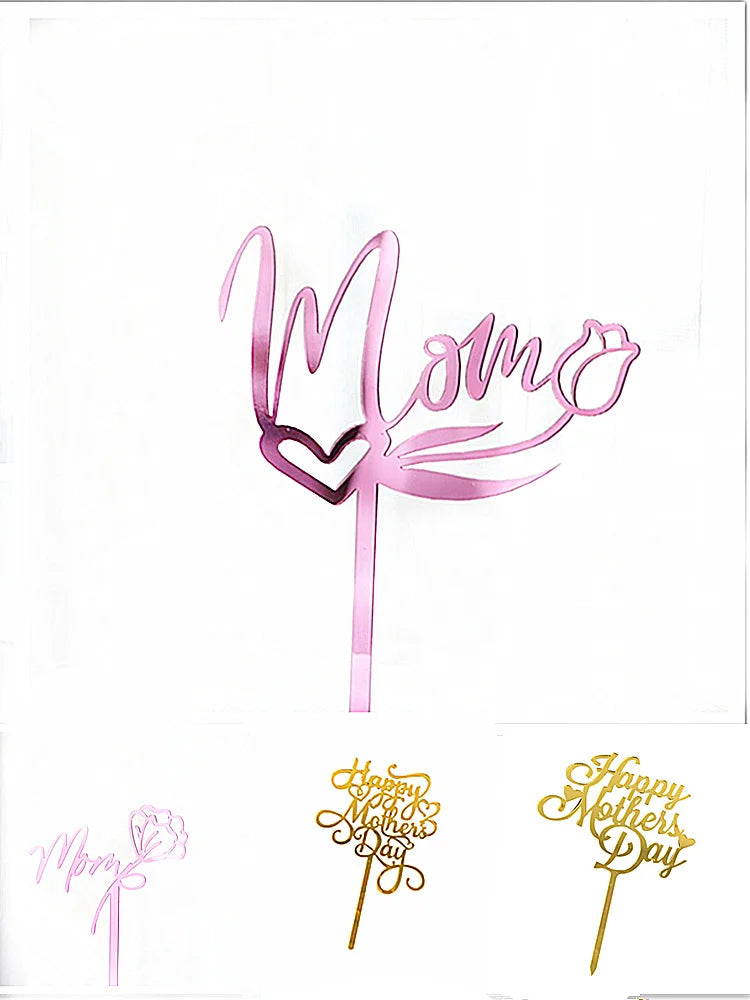 2023 Happy Mothers Day Cake Topper Gold Red Tulip Acrylic MOM Birthday Party Cake Toppers Dessert Decoration Mother's Day Gifts