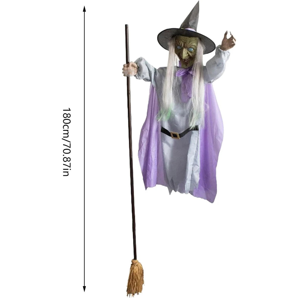 Flying Witch Decorations with Luminous Eyes Halloween Flying Witch on Broom Decor Animatronic Flying Witch for Garden Yard Lawn
