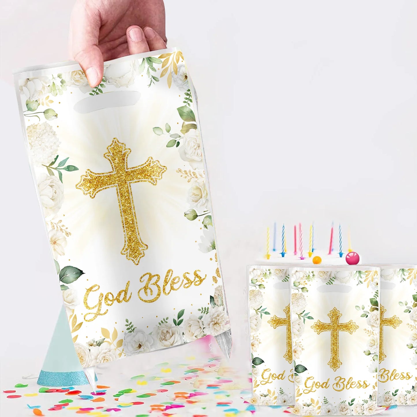 Communion Baptism Flower Cross Party Gift Bag Holy Communion Party Favors Chocolate Cookies Candy Bags for Kids Birthday Decor