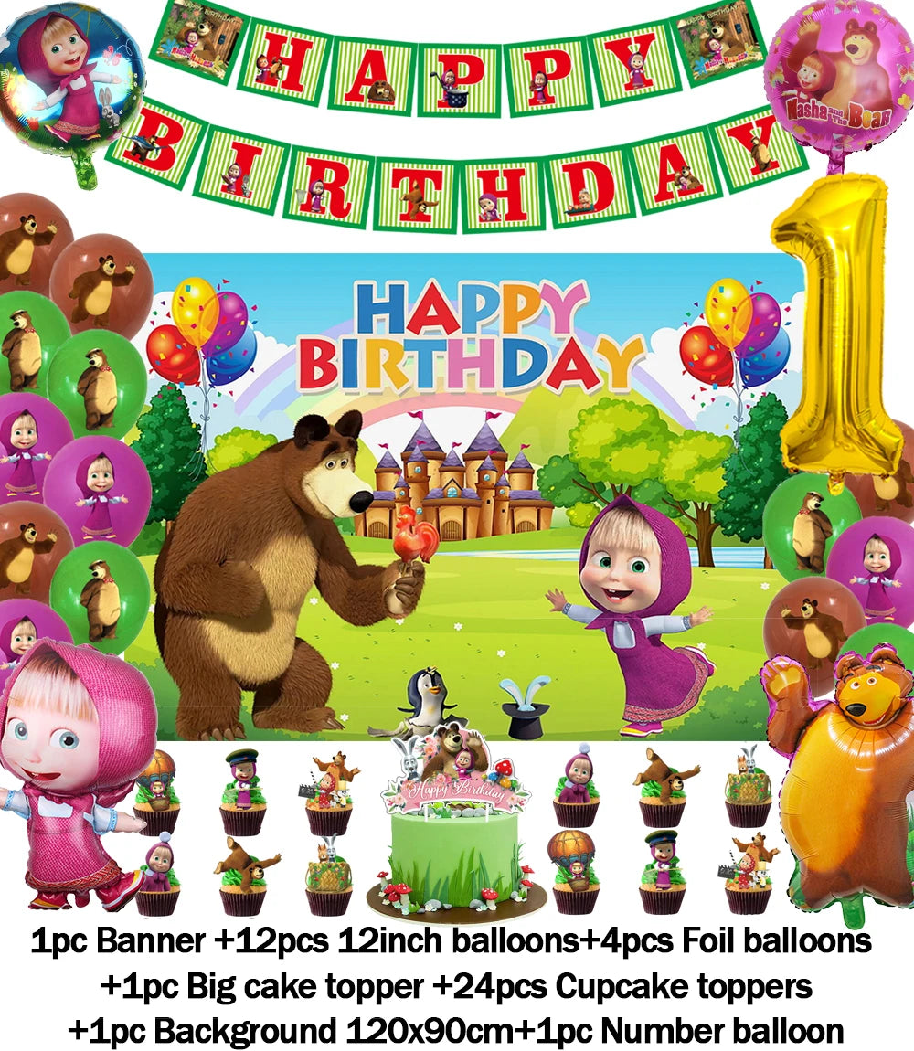 Cartoon Girl-Mashas-And Bear Kids Birthday Party Digital Balloon Banner Background Cake Topper Decoration Supplies Baby Gifts