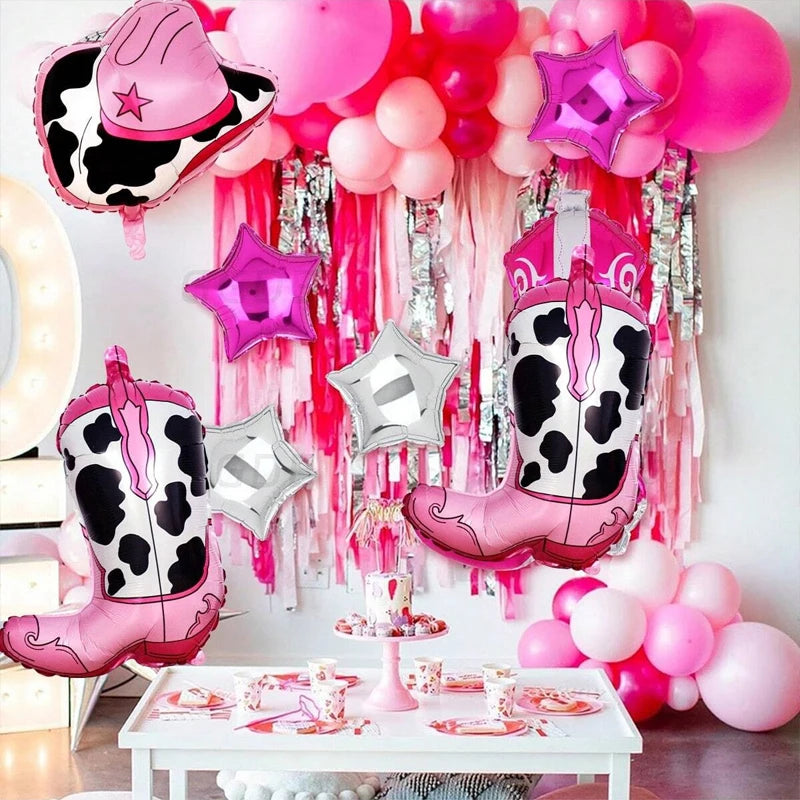 Western themed party balloons, including boots, cowboy hat foil balloons, suitable for birthday, bachelorette party decorations