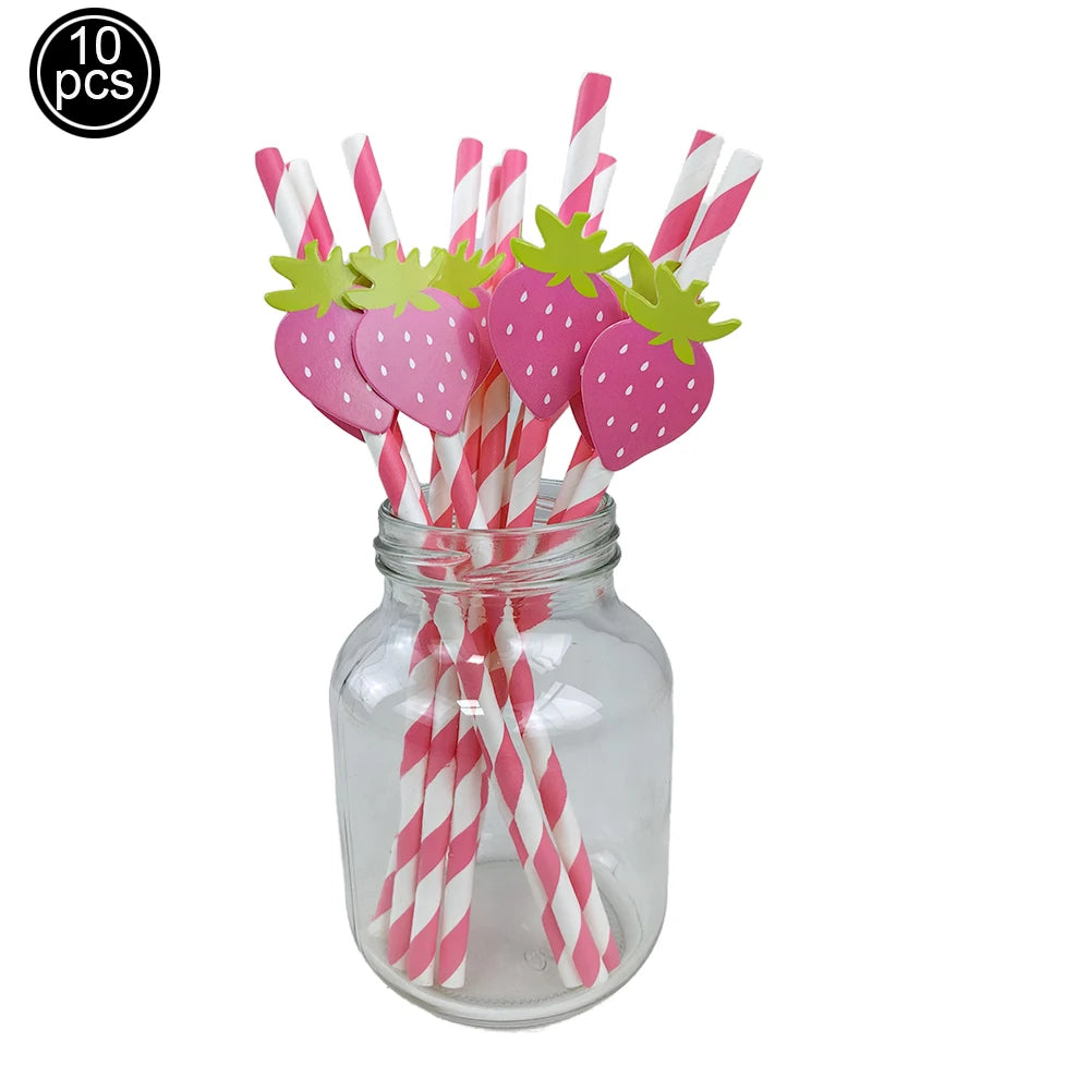 10pcs Flamingo Pineapple Paper Straws Disposable Tropical Fruit Straws Summer Striped Drinking Straws Luau Hawaiian Beach Party