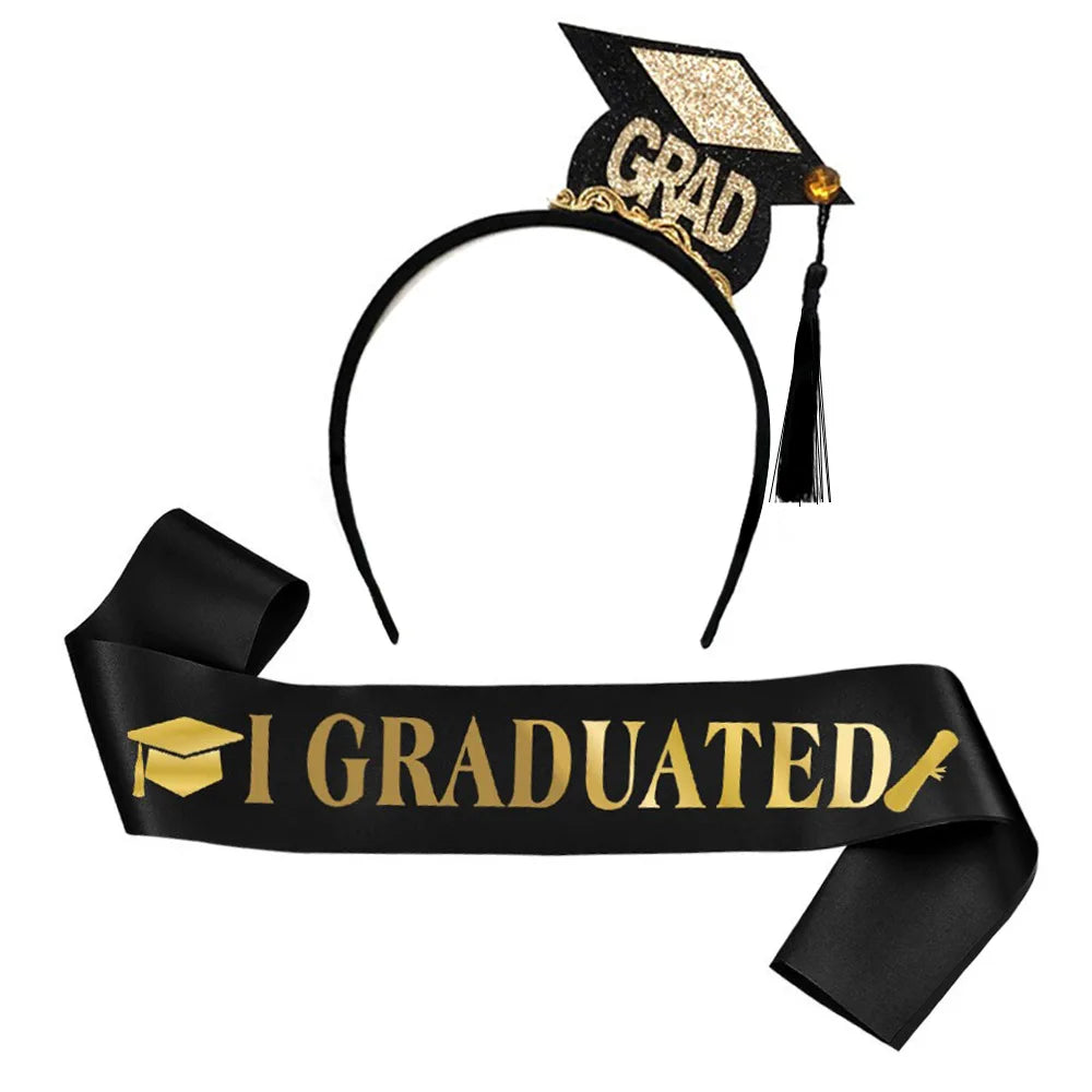 1Set Grad Cap Headband Graduated Satin Sash 2025 Graduation Party Decoration Supplies Photo Props Mini Bachelor Hat
