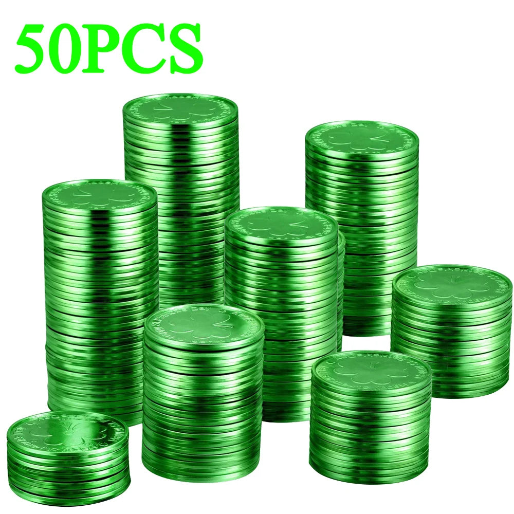 10-100Pcs St Patricks Day Prop Coins Green Gold Clover Lucky Shamrock Party Decoration Props Party Gifts Favors Green Coins Toys