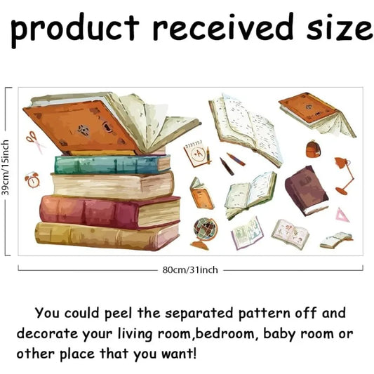 1pc Magic Book Wall Decals Wall Stickers with Flying Book School Bag Scissors for Bedroom Wall Mural Ruler Globe Wall Decor