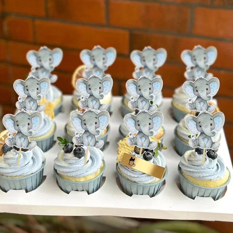 12Pcs Blue Pink Elephant Cupcake Topper Kids Birthday Baby Shower Elephant Cake Decoration Boy Girl Gender Reveal Party Supplies