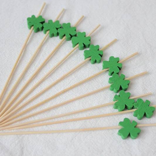 100Pcs Green Shamrock Cover Disposable Bamboo Food Picks St. Patrick's Day Theme Dessert Fruit Forks for Irish Saint Party Decor
