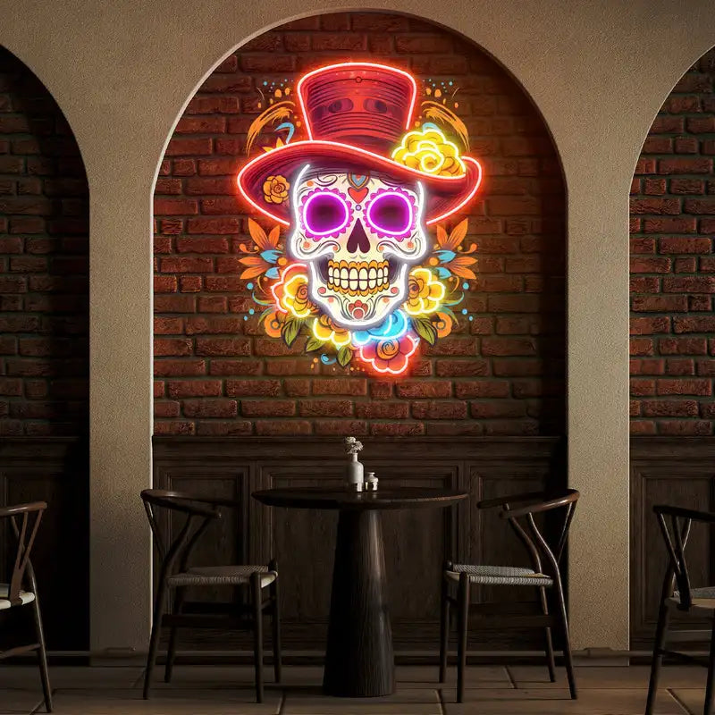 Skull Neon Sign UV Print Neon Sign Mexican Restaurant Skull Artwork Decor Business Decor