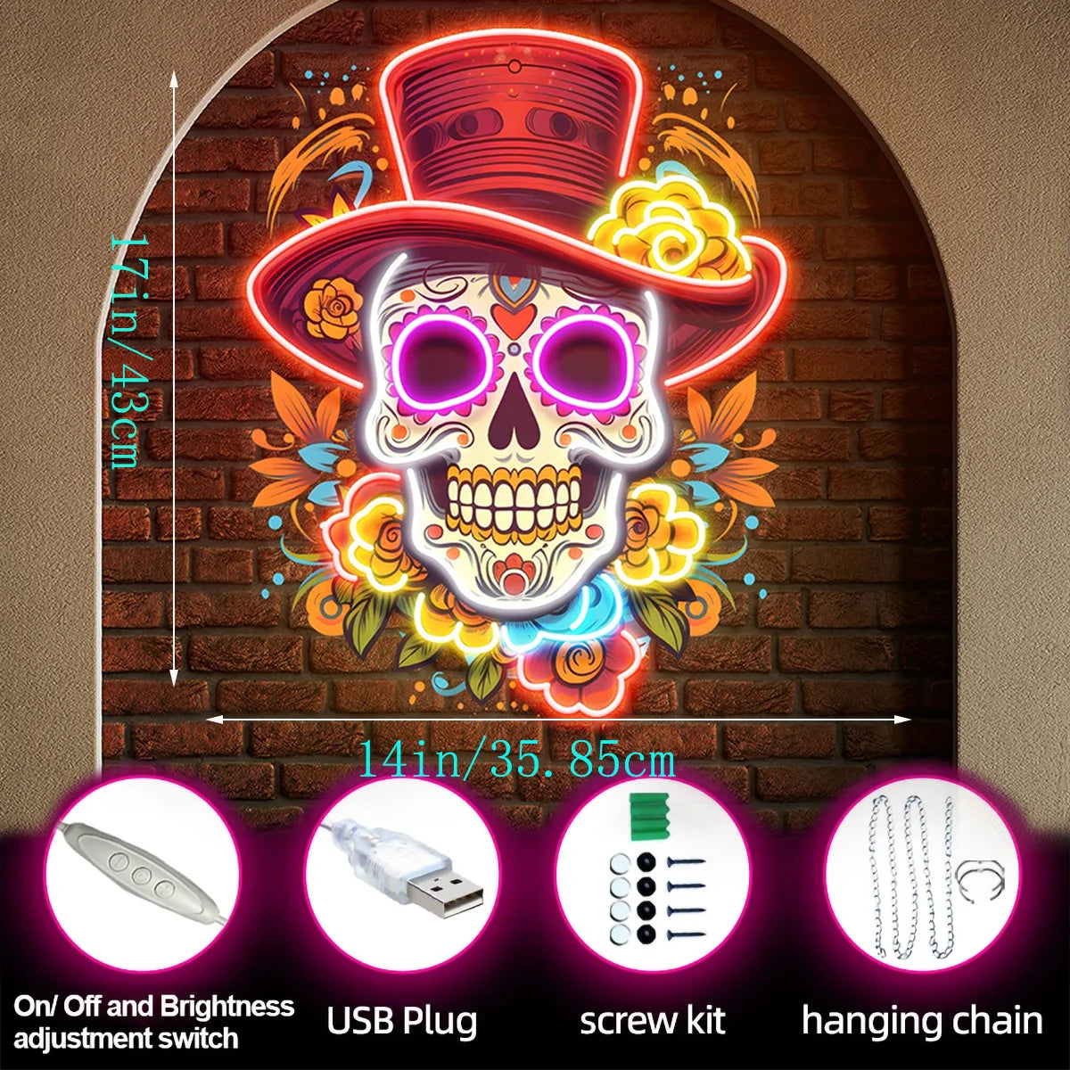 Skull Neon Sign UV Print Neon Sign Mexican Restaurant Skull Artwork Decor Business Decor