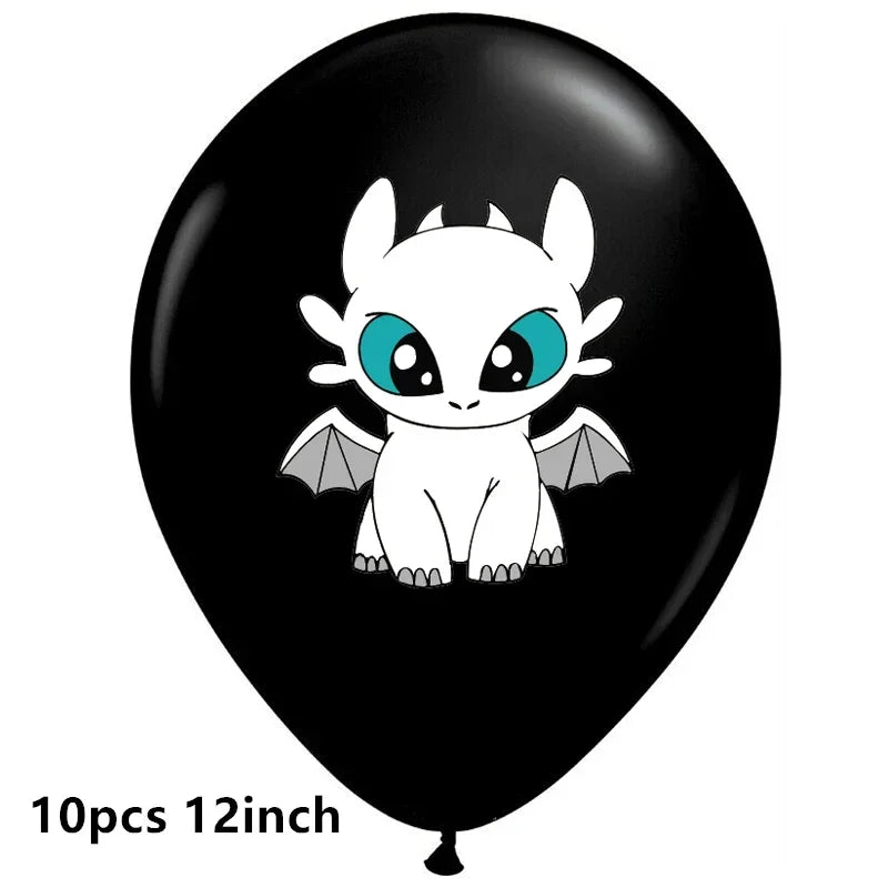 1set How Train Dragon Balloons No Teeth Toothlessing Green Eye Black Loong Party Decoration Happy Birthday Banner Cake Topper