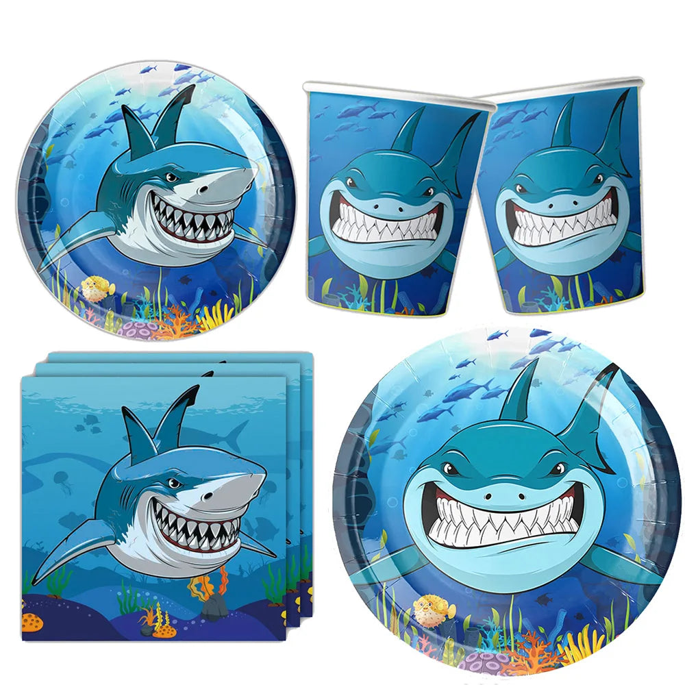 Shark Party Supplies Shark Birthday Tableware Shark Baby Shower Paper Cups Plates Napkins Ocean Shark Theme Party Decorations