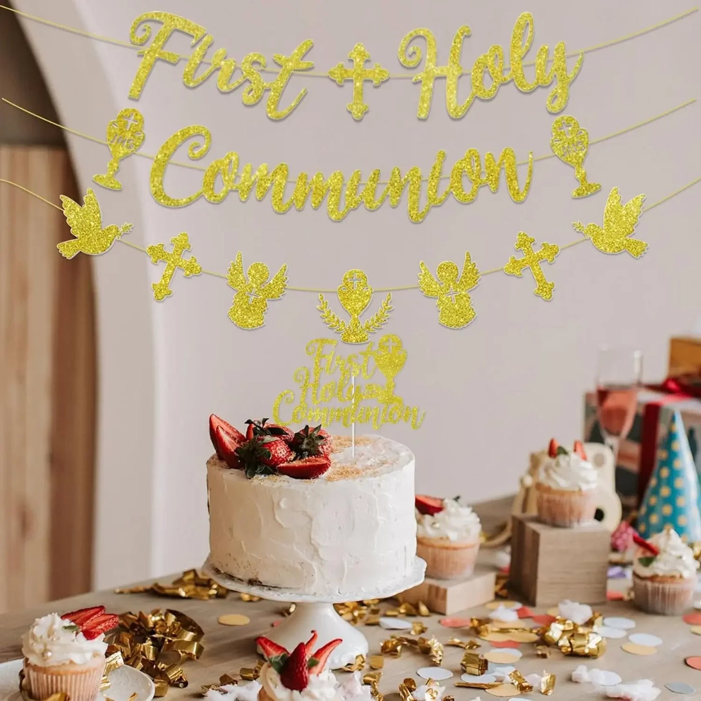 First Holy Communion Decorations First Primera Communion Banner Cake Topper Kit for Girls Boys Baptism Space Decorations
