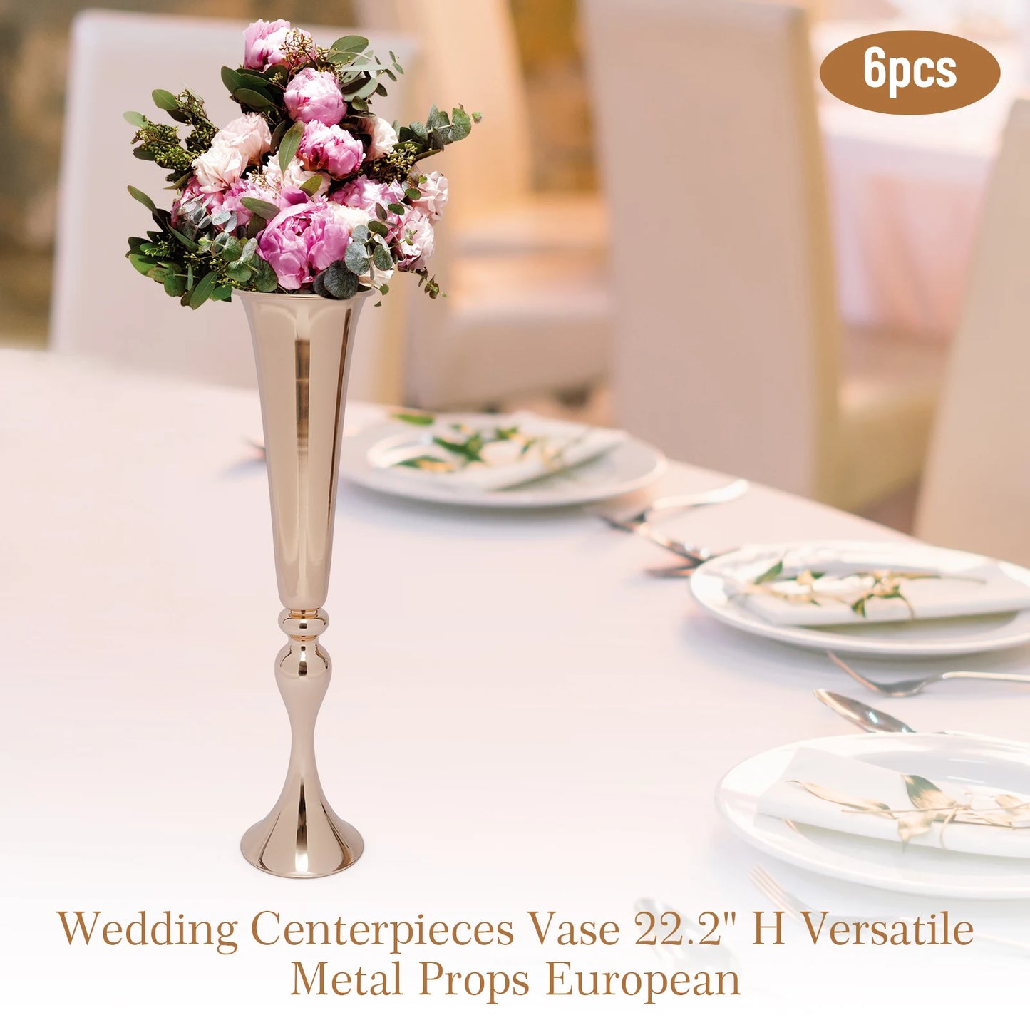 Golden Metal Table Flower Stand Vase 6Pcs Candle Holder 22.2" Tall Wedding Centerpiece Party Event Hotel Decoration
