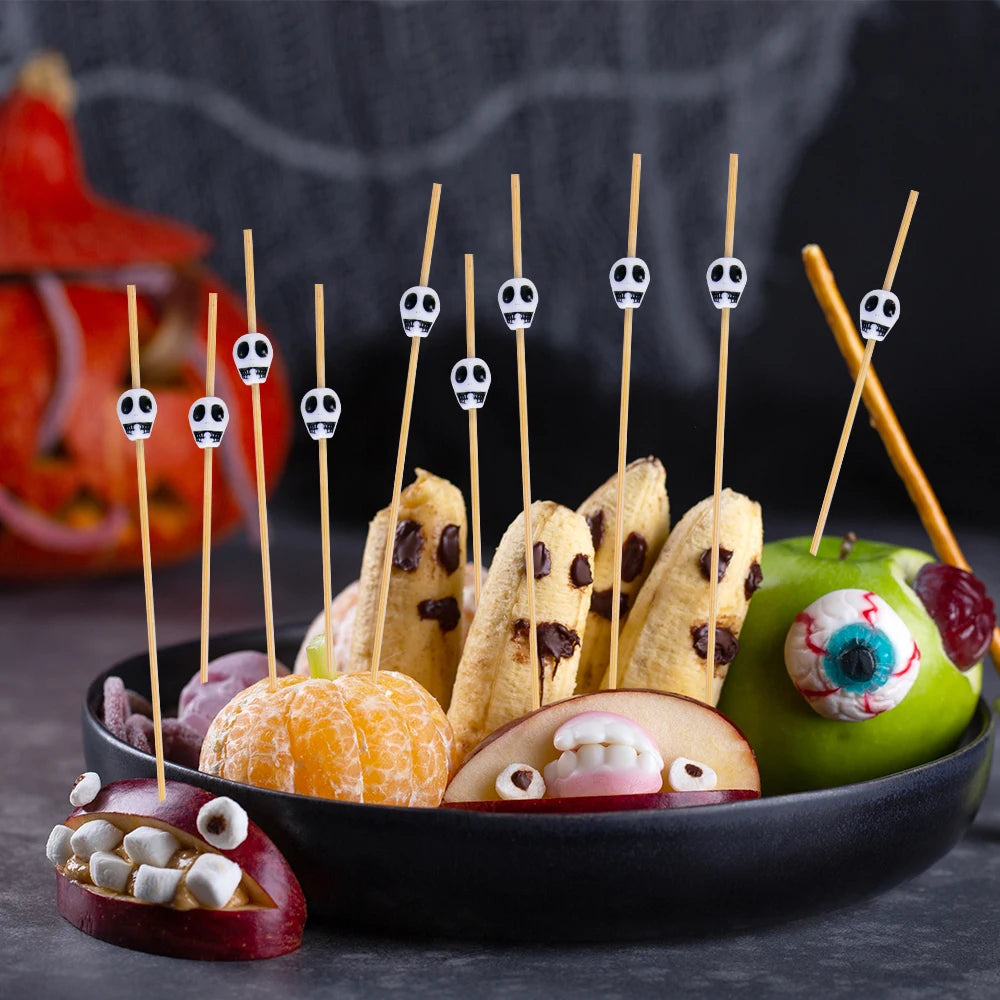 100/200pcs Halloween Skull Cocktail Picks Toothpicks Cocktail Picks Fruit Sticks Appetizers Bamboo Skewers Halloween Party Decor