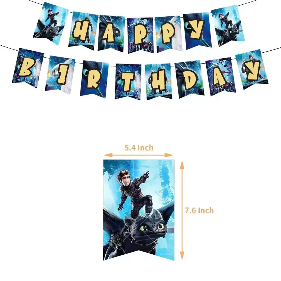 1set How Train Dragon Balloons No Teeth Toothlessing Green Eye Black Loong Party Decoration Happy Birthday Banner Cake Topper